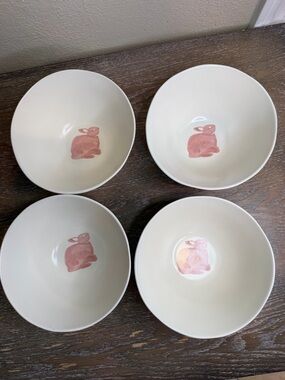 22.5oz Stoneware Aralia Bunny Cereal Bowl Hand Painted Pink set of 4